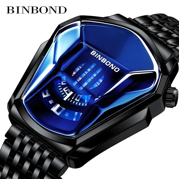 BINBOND Mode Montre Homme Mouvement Quarz Grande montre style moto concept business Style Montre étanche technologie noire montre tactile Montres-bracelets