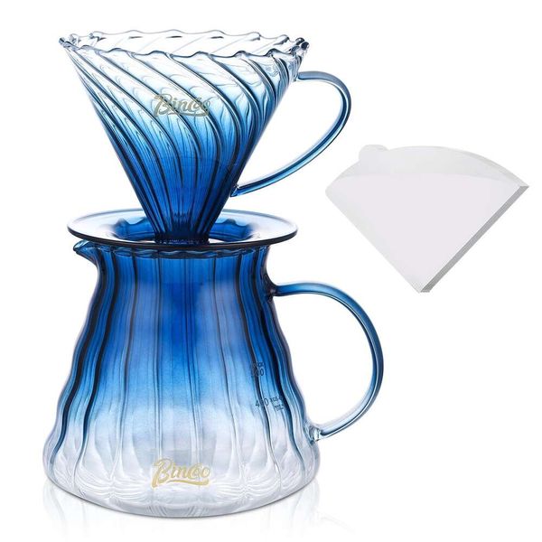 Bincoo Pour Over Hine Set Tamaño 02600 ml Sendero de servidor, V60 Glass Coffee Drip con papel de filtro de marco de madera, adecuado para regalos en el hogar y la oficina (azul)