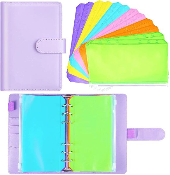 Boders A6 PU Leather Notebook Cover Cover Purple Rechargeable Planner Journal Pinder avec des sacs enveloppes en espèces de classeur imperméable de 12 pièces