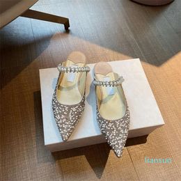 Bing pantoufles plates ornées de pierres précieuses cloutées cheville mules baily chaussures strass perles perles sandales femmes