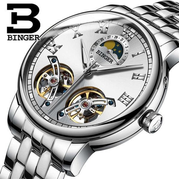 BINGER 8607 Estilo de diseño único Doble Tourbillon Esqueleto Acero completo Casual Hombres Relojes mecánicos Reloj automático