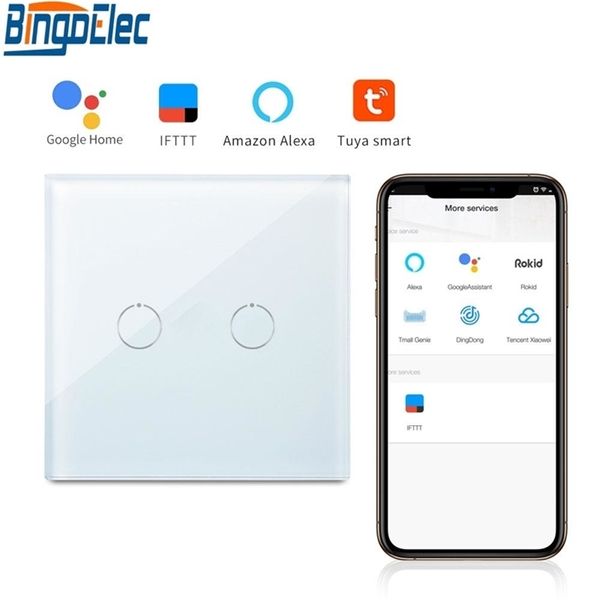 Bingoelec 2 Gang 1 Way Touch WIFI Switch Smart Home Automation Panel de vidrio inalámbrico Interruptor de pared Control por teléfono móvil T200605