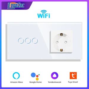 Bingoelec Wifi interrupteurs tactiles muraux avec prise ue normale panneau en verre 1/2/3 gangs Google Alexa interrupteurs d'éclairage Tuya App Control 240108