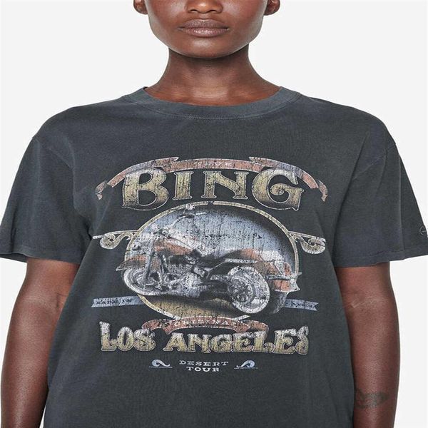 BINGs-Camiseta Vintage de motocicleta para mujer, remera lavada con estampado de letras, ANINEE de Los Ángeles, algodón negro y gris, manga corta, Tee237o