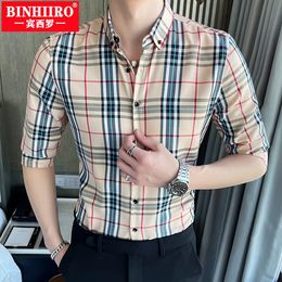 Binhiiro Mens zeven stip shirt Hoogwaardige Retro Plain Collar Shirt Summer Lichtgewicht Ironless Ultra Dunne Top 240507