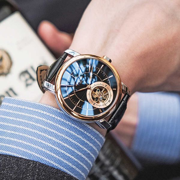 Binkada nouvelle montre pour homme montre mécanique automatique véritable ceinture étanche miroir bleu montre