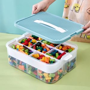 Bins 2 capas Bloques de construcción para niños Caja de almacenamiento ajustable Contenedor de almacenamiento legocompatible plástico con mango Organizador de juguetes