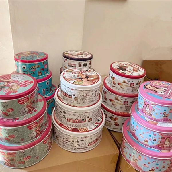 Colgins 3PCS / Set Vintage Pretty Girl Round Seal Tins Boîte de rangement métal Boîte de rangement Snack Séclé Cuisiles Biscuits Boîte d'emballage Organisateur de maison