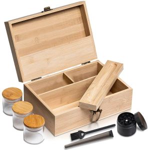 Boîtes de rangement en bois bambou verrouillable en bois mobile cadeau amovible ensemble 4 pcs kit avec 2 pots en verre un plateau roulant