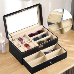 Bins Black Leather 6 Watch Box Jewelry Case en 9 -delige bril opslag en zonnebrillen display