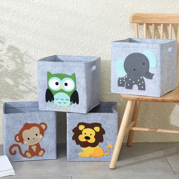 Contenedores de almacenamiento plegable Caja cubo de tela de fieltro para para niños Cesta de almacenamiento de juguetes Cesta de almacenamiento Contenedor de patrones de animales personalizados con mango