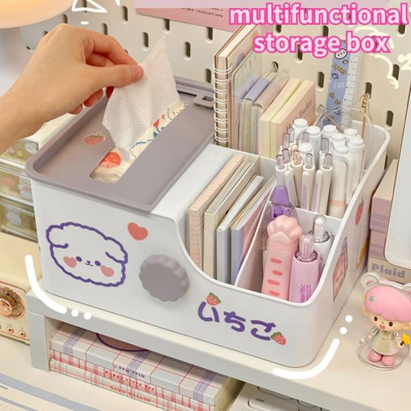 Bacs Creative Desktop Rangement Box Organisateur Kawaii Mignon Rotary Lift Tissue Box Makeup Cosmetics Momening Stationery Organizer Organizer Rack