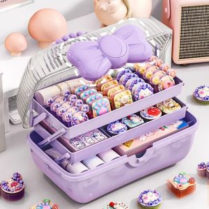 Contenedores Caja de almacenamiento de cosméticos Kawaii Organizador Cajas de maquillaje de princesa con asa Estuches de papelería de tres capas para niñas Decorativos para dormitorio