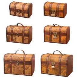 Bins Bins Retro Elegante Caja de almacenamiento de joyas piratas de cuero de madera contrachapada con cerraduras cofres de tesoro vintage para el organizador Decoración del hogar