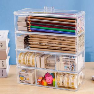 Organisateur de papeterie de bacs Clear Making Up Organizer Box Box Organisateur de Cosmetics Container Base avec porte-stylo de couvercle empilable