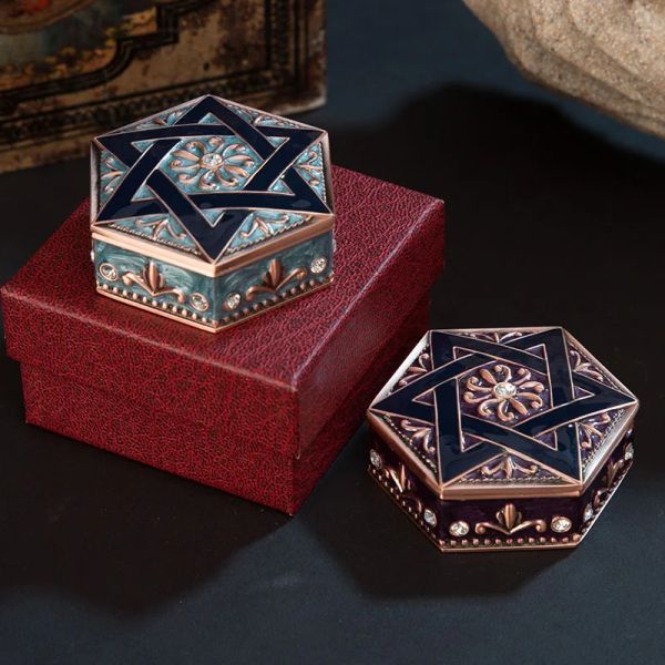 Boîtes bijoux en métal vintage Boîte à babioles en forme de hexagone rangement de rangement de transport de casse-cadeau Boîte de bouche