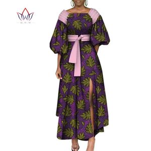 Bintarealwax Robes africaines pour les femmes Contraste Couture de cire africaine Priffing Puff Sleve Long Maxi Robe avec Belt Party WY10287