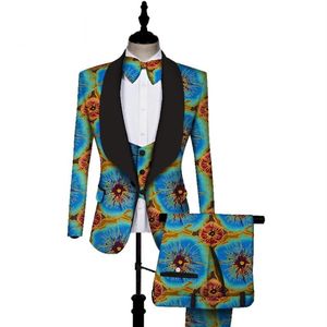 Bintarealwax Afrikaanse Print 3 stuks Mannen Blazers Dashiki Top en Broek Vest Set Bazin Plus Size Traditionele Afrikaanse Kleding WY270w