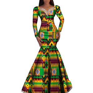 Bintarealwax Robe de mode robes Ankara imprimer robes africaines pour femmes à manches longues élégant Dashiki mariage jupe plissée Robe WY1058