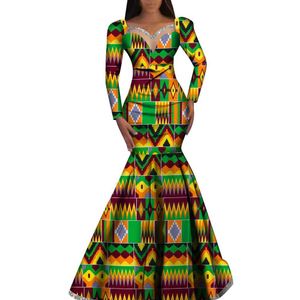 Bintarealwax mode gewaad jurken ankara print Afrikaanse jurken voor vrouwen lange mouw elegante dashiki bruiloft geplooide rok jurk wy1058