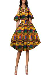 Bintarealwax Nouveau coton Robes imprimées africaines pour femmes Bazin Riche Femmes Vneck Longueur de genou Robe de style africain Vêtements WY22310151