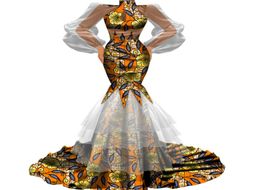 Bintarealwax nieuw ontwerp vrouwen elegante bodycon high -qualitytutu tule gaas patchwork Afrikaanse stof bruiloft feest rok jurken wy4823122