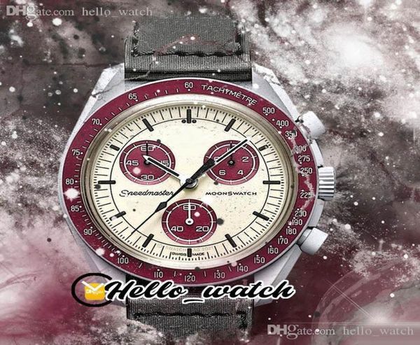 Bioceramic Moon Swiss Quqrtz Chronograph Mens Watch SO33M101 Mission à Pluton Real Light Light Cool Grey Grey Ceramic Burgundy Nylon avec Box Super Edition Hello_Watch9758964