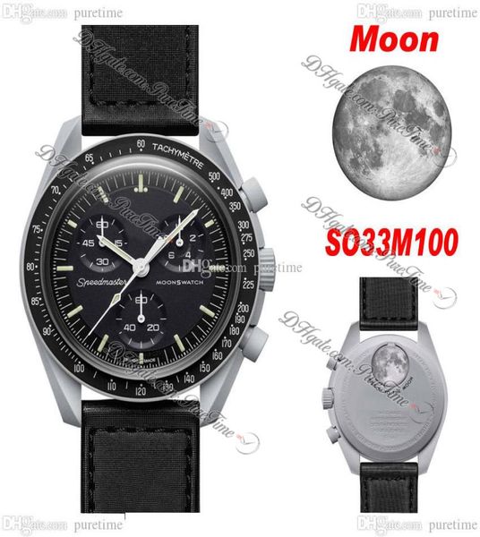 Bioceramic Moon Swiss Quqrtz Chronograph Mens Watch SO33M100 Mission à la lune 42 Real Grey Ceramic Black Nylon Box avec boîte Super Edition Puretime H87407380