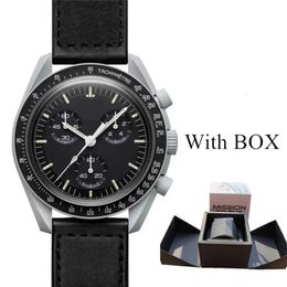 Bioceramic Moonswatch Swiss Quqrtz Chronograph Mens Watch SO33M100 Misión a la luna 42 Correa de nylon negra de cerámica gris real con Box2165