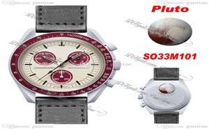 Bioceramic Moonswatch Swiss Quqrtz Chronograph Mens Watch SO33M101 Mission à Pluton 42 Real Light Cool Grey Grey Ceramic Burgundy Nylon4142175