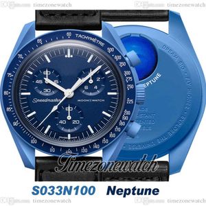 Bioceramic MoonSwatch Swiss Quqrtz Chronograph Mens Watch SO33N100 Missie naar Neptune 42 mm Echte marineblauw keramisch zwart nylon met219b