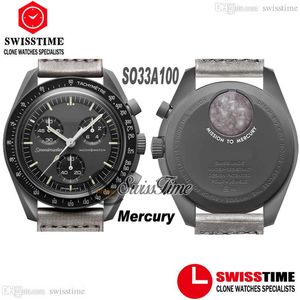 Bioceramic MoonSwatch Swiss Quqrtz Chronograph Mens Watch SO33A100 Missie naar Mercury Real Black Ceramic Metallic Gray Nylon met 221Q