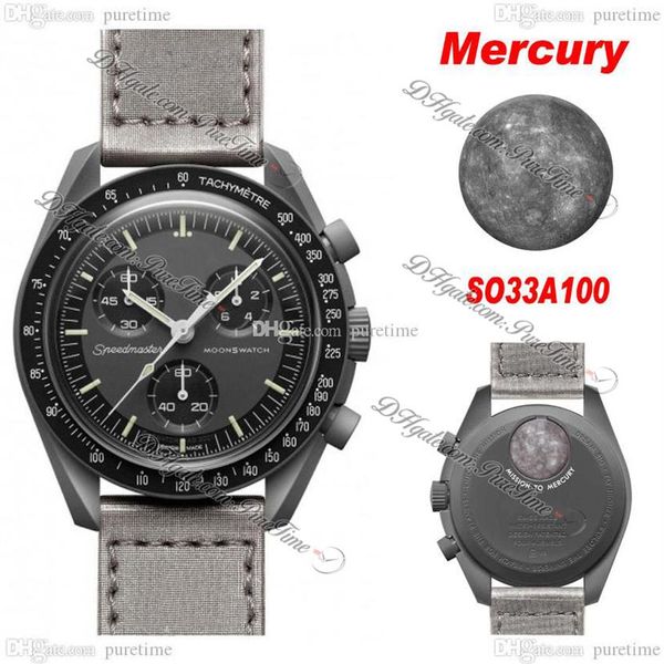 Bioceramic Moonswatch Swiss Quqrtz Chronographe Montre Homme SO33A100 Mission To Mercury 42mm Véritable Céramique Noire Métallique Gris Nylon 198o