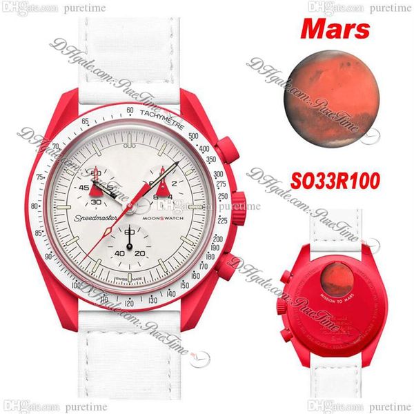 Bioceramic Moonswatch Swiss Quqrtz Cronógrafo Reloj para hombre SO33R100 Mission To Mars 42 mm Real Fiery Red Ceramic White Dial Nylon Wi2568