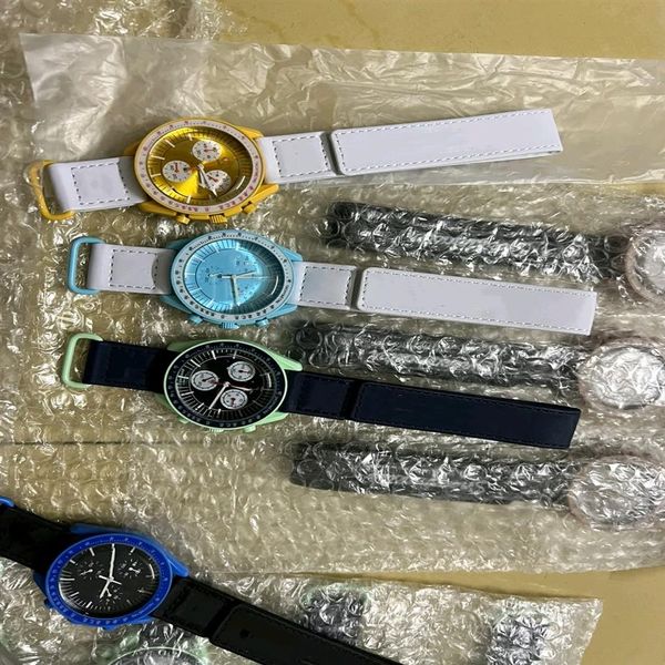 Montre biocéramique Moonswatch Swiss Quqrtz chronographe pour homme SO33G100 Mission to Earth 42mm vert céramique cadran bleu bracelet en nylon Wi261x