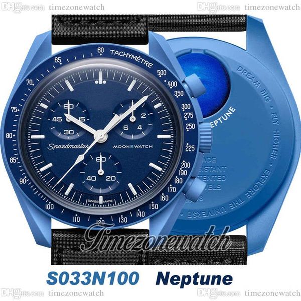 Bioceramic Moonswatch Swiss Quqrtz Cronógrafo Reloj para hombre SO33N100 Misión a Neptuno 42 mm Azul marino real Cerámica Negro Nylon With2308