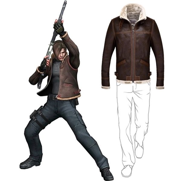 Biohazard Resident 4 Leon S Kennedy Evil Costume Manteau En Cuir Veste Cosplay PU Faur Veste À Manches Longues Hiver Survêtement Hommes Garçon 201222