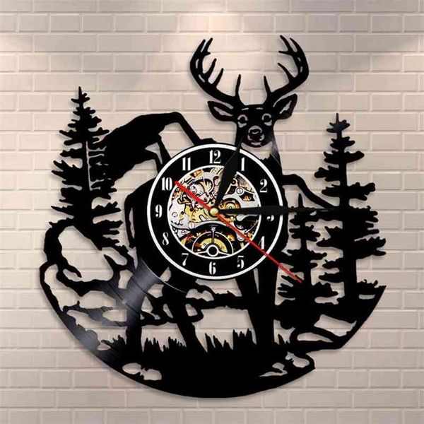Bouleau Arbre Forêt Cerf Mur Art Woodlands Buck Décoration Murale Disque Vinyle Horloge Mancave Chasse Club Animaux Vintage Horloge Murale 210325
