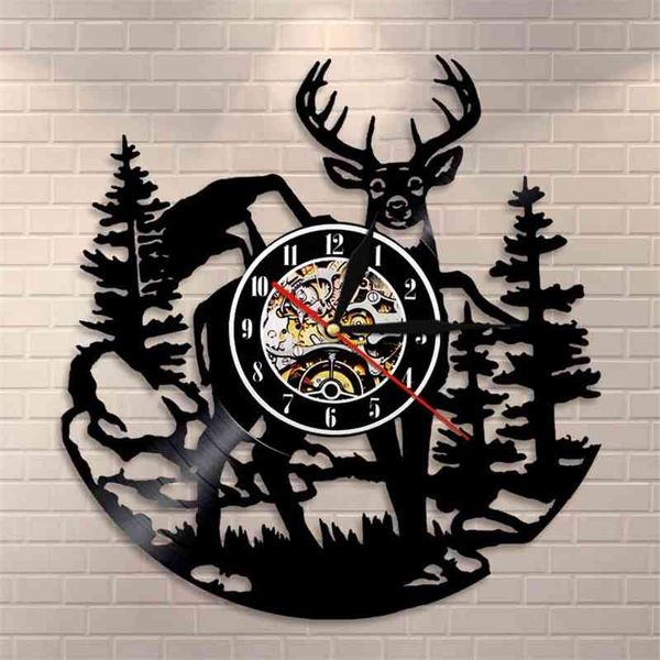 Bouleau Arbre Forêt Cerf Mur Art Woodlands Buck Décoration Murale Disque Vinyle Horloge Mancave Chasse Club Animaux Vintage Horloge Murale 210401