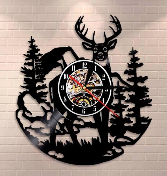 Birch Tree Forest Deer Wall Art Woodlands Buck Wall Decor Vinyl Record Clock Mancave Hunting Club Animaux Vintage Mur Clock 201119175117