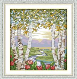 Abedules en el paisaje de verano, pinturas decorativas, bordado de punto de cruz hecho a mano, conjuntos de costura, impresión contada en lienzo DMC 14CT 7540407