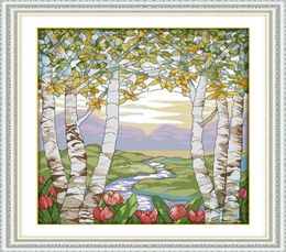 Birches dans les peintures de décoration de paysages d'été à la main à la main de croix à la main