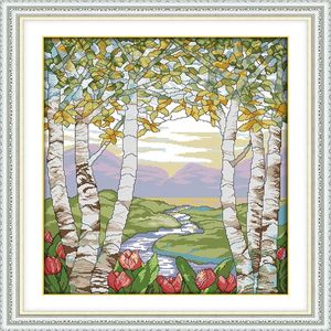 Abedules en el paisaje de verano, pinturas decorativas, bordados de punto de cruz hechos a mano, conjuntos de costura, impresión contada en lienzo DMC 14CT 278e