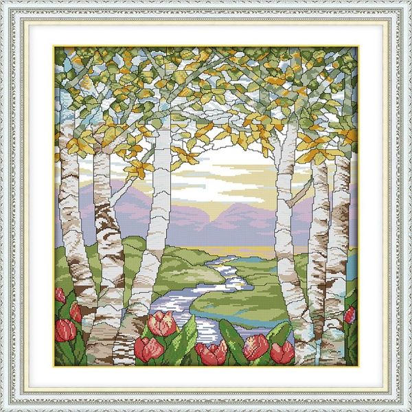 Bouleaux dans les peintures de décor de paysage d'été faits à la main, ensembles de broderie au point de croix, imprimés comptés sur toile DMC 14CT 185t