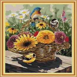 Kit de point de croix pour la maison, panier d'oiseaux et de fleurs, kits de broderie au point de croix faits à la main, imprimés comptés sur toile DMC 14CT 1253q