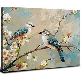Art mural d'oiseau et de fleur vintage imprimés en toile florale blanche images de mur d'oiseau bleu