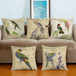 Almohada decorativa con estampado de doble cara de arte de pájaros, cojín creativo para muebles del hogar con funda de almohada de lino y algodón de 17,7x17,7 pulgadas
