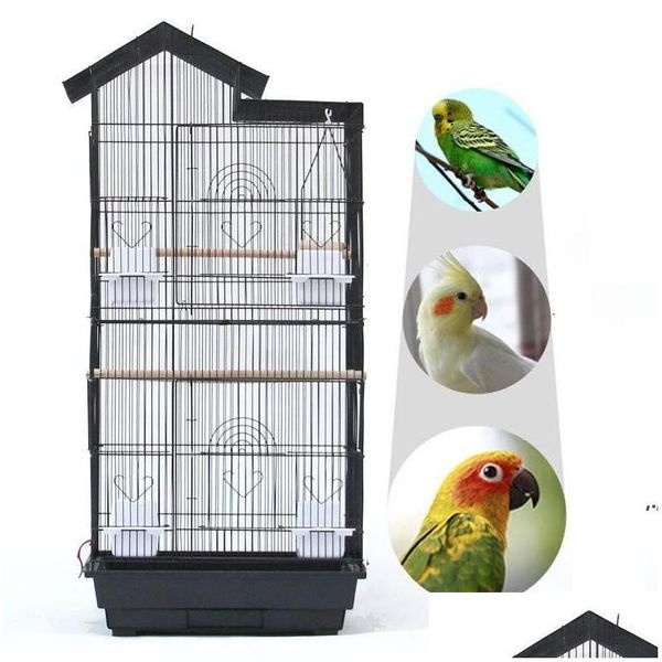 Cages à oiseaux Grande cage 39 pouces sur le toit en fil d'acier mangeoires en plastique perroquet soleil perruche joue verte Finch canari noir blanc goutte Deli Dhzrd