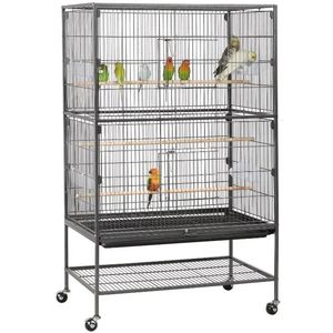 Cages à oiseaux en métal, grande cage roulante de 52 pouces avec 3 perchoirs et 4 mangeoires, noir 231218
