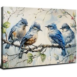 Bird Canvas Wall Art, Blue and White Love Birds on Branch Painting Print Vintage Abstract Picture Poster For Kitchen Study Decor